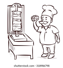 Arabic Food Chef, Shawarma, Doner, Kebab. Hand drawn cartoon vector illustration.