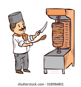 Arabic Food Chef, Shawarma, Doner, Kebab. Hand drawn cartoon vector illustration.