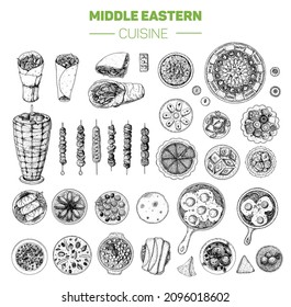 Arabic Food Hand Drawn Elements. Middle Eastern Food. Vintage Hand Drawn Sketch. Vector Illustration. Arabian Cuisine. Food Menu Sketch Set.