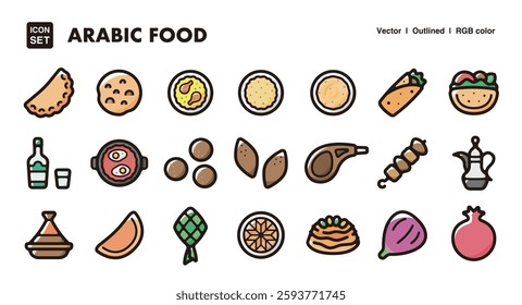 Arabic food illustration icon set.Simple vector outlines, clipart for graphic design.