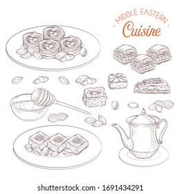 Arabisches Essen. Süßigkeiten und Tee aus dem Nahen Osten