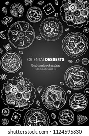 Arabic food. Oriental sweets vector illustration. Middle eastern food, hand drawn sketch. Linear graphic. Food menu background. Engraved style design template.