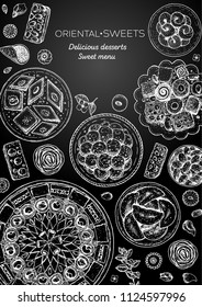 Arabic food. Oriental sweets vector illustration. Middle eastern food, hand drawn sketch. Linear graphic. Food menu background. Engraved style design template.