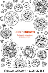 Arabic food. Oriental sweets vector illustration. Middle eastern food, hand drawn sketch. Linear graphic. Food menu background. Engraved style design template.