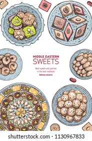 Arabic food. Oriental sweets vector illustration, top view. Middle eastern food, hand drawn. Colored illustration. Food menu background. EPS10