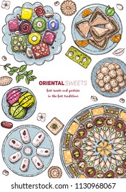 Arabic food. Oriental sweets vector illustration. Middle eastern food, hand drawn. Colored illustration. Food menu background. Colorful vector illustration. EPS10