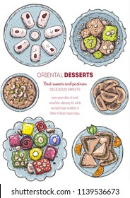 Arabic food. Oriental sweets vector illustration. Middle eastern food, hand drawn. Colored illustration. Food menu background. Colorful vector illustration. EPS10