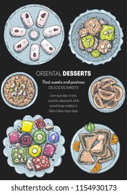 Arabic food. Oriental sweets vector illustration. Middle eastern food, hand drawn. Colored illustration. Food menu background. Colorful vector illustration. 