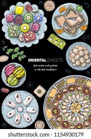 Arabic food. Oriental sweets vector illustration. Middle eastern food, hand drawn. Colored illustration. Food menu background. Colorful vector illustration. EPS10