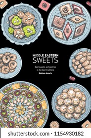 Arabic food. Oriental sweets vector illustration, top view. Middle eastern food, hand drawn. Colored illustration. Food menu background.