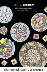 Arabic food. Oriental sweets vector illustration. Middle eastern food, hand drawn. Colored illustration. Food menu background. Colorful vector illustration.