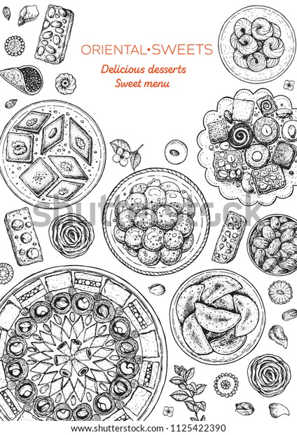 Arabic Food Oriental Sweets Vector Illustration Stock Vector Royalty Free 1125422390