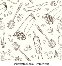 Arabic food seamless pattern. Arabian cuisine illustration. Hand drawn delicious traditional meal design.