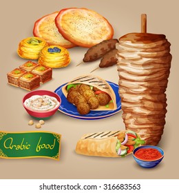 Conjunto de comida árabe com hummus kebab shawarma e ilustração vetorial dos desenhos animados pita