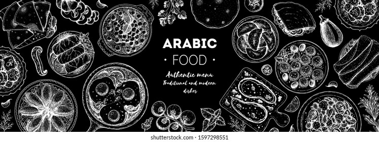 Arabic food top view frame. Food menu design. Vintage hand drawn sketch vector illustration. Arabian cuisine frame. Middle eastern food.