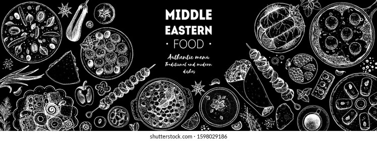 Arabic Food Top View Frame. Food Menu Design. Vintage Hand Drawn Sketch Vector Illustration. Arabian Cuisine Frame. Middle Eastern Food.