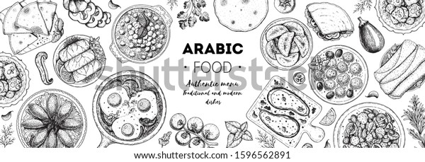 Arabic food top view frame. Food menu design.\
Vintage hand drawn sketch vector illustration. Arabian cuisine\
frame. Middle eastern\
food.