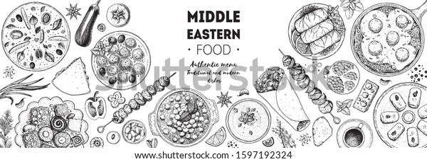 Arabic food top view frame. Food menu design.\
Vintage hand drawn sketch vector illustration. Arabian cuisine\
frame. Middle eastern\
food.