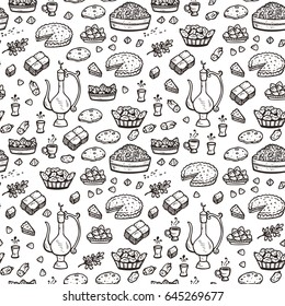 Arabic food vector background. Dishes for Iftar party Seamless Pattern. Halal food. Arabian cuisine. Ramadan Kareem. Eid Mubarak 