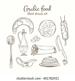 Arabic food vector set. Arabian cuisine illustration. Hand drawn delicious traditional meal design. 