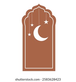 Arabic frame with crescent moon and stars, window shape, arch. Ramadan, religion. Vector isolated on white background