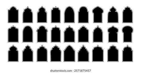 Arabic frame. Islamic arches, doors and windows. Arabian architecture elements. Geometric patterns, arabesque designs. Oriental Ramadan Mubarak border frames. Vector set.