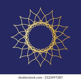 Moldura árabe para o Ramadã. Iluminação de vetor de quadro de borda de círculo dourado isolada no plano de fundo azul.