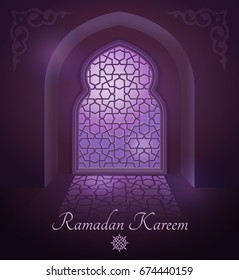 Arabic frames on traditional islamic door and window with ornament. Glossy moon on vector background