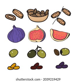 vectores de frutas árabes dátiles, higos, pasas, aceitunas en doodle