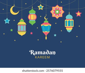 Arabic garland Ramadan Kareem hanging lanterns and moon Islamic illustration