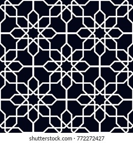 Arabic geometric background. Islamic vector seamless pattern. Dark and white elite floral reapeted texture. Eastarn template ornamental design. Endless vector illustration