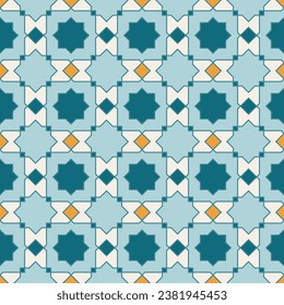Arabic geometric mosaic printable seamless pattern with abstract Moroccan print in blue and orange colors. Ramadan Kareem Traditional Islamic art Illustration background.