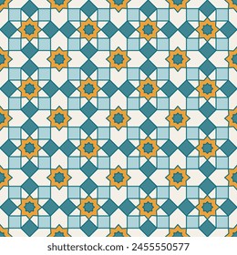 Arabisches geometrisches Mosaik bedruckbares nahtloses Muster mit abstraktem marokkanischen Druck in Blau- und Orangefarben. Ramadan Kareem Traditionelle islamische Kunst Illustration Hintergrund.
