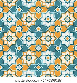 Arabisches geometrisches Mosaik bedruckbares nahtloses Muster mit abstraktem marokkanischen Druck in Blau- und Orangefarben. Ramadan Kareem Traditionelle islamische Kunst Illustration Hintergrund.
