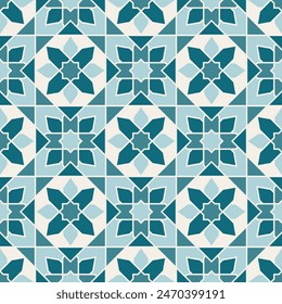 Arabic geometric mosaic printable seamless pattern with abstract Moroccan print in blue and orange colors. Ramadan Kareem Traditional Islamic art Illustration background.