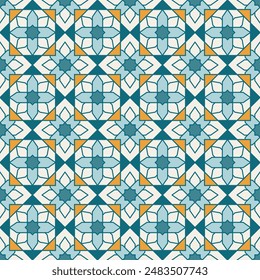 Arabic geometric mosaic printable seamless pattern with abstract Moroccan print in blue and orange colors. Ramadan Kareem Traditional Islamic art Illustration background.