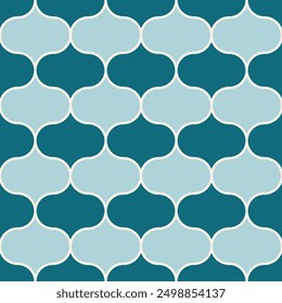 Arabisches geometrisches Mosaik druckbares nahtloses Muster mit abstraktem marokkanischen Druck in blauen und orangen Farben. Ramadan Kareem Traditionelle islamische Kunst Illustration Hintergrund.