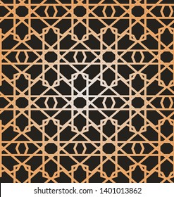 Arabic geometric pattern on dark background.Gold ornament.Print decor.Texture.Gradient.Vector