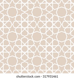 Arabic geometric pattern. Seamless vector background in traditional eastern style. White on beige linear octagonal stars. Ramadan Kareem pattern.