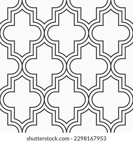 Patrón geométrico árabe sin costuras. Patrón vector de quatrefoil. Patrón de celosías. Patrón oriental tradicional con mosaicos repetidos. Marroquí cruza el motivo. Fondo vectorial blanco y negro.