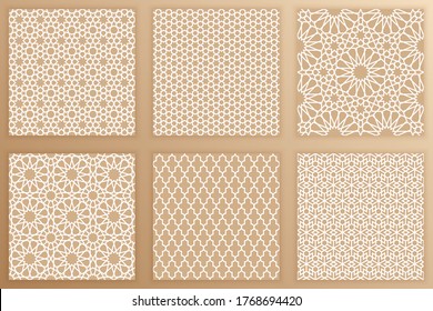 El conjunto de patrones geométricos árabes sin costura. Antecedentes árabes. Ilustración vectorial de texturas artísticas islámicas de labranza para sus proyectos de diseño