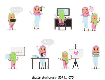 Arabic Girl study Isolated on white background. Vector cartoon illustration.