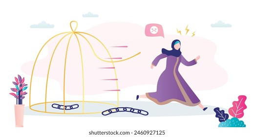 Arabic girl in traditional clothes freed from domestic violence, abuse. Happy female character unlocked golden cage and run away. Muslim woman escapes from prison. Equality, human rights. flat vector