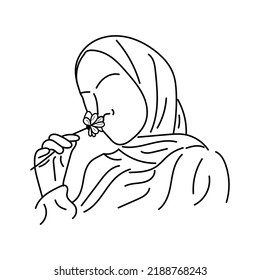 Arabic girl in traditional dress in her hand holding a flower. Linear illustration Arab girl with a flower in her hand. Woman in hijab illustration isolated on white background. Line art vector eps10