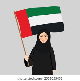 Niña árabe de Emiratos Árabes Unidos sostiene la bandera de Emiratos Árabes Unidos