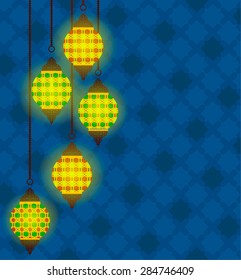 Arabic glowing lanterns hanging on the mosaic background