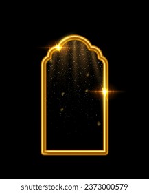 Arabic gold arch with shining lights inside isolated on dark background. 3D islam window architecture shape for muslim holidays, design element door, golden tube frame. Realistic vector illustration.