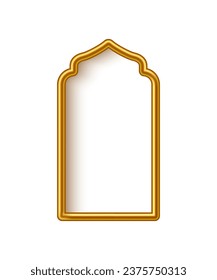 Arabic gold arch with shining lights inside isolated on white background. 3D islam window architecture shape for muslim holidays, design element door, golden tube frame. Realistic vector illustration.