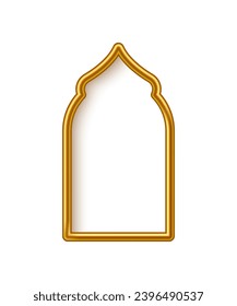 Arabic gold arch with shining lights inside isolated on white background. 3D islam window architecture shape for muslim holidays, design element door, golden tube frame. Realistic vector illustration.