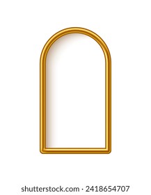 Arabic gold arch with shining lights inside isolated on white background. 3D islam window architecture shape for muslim holidays, design element door, golden tube frame. Realistic vector illustration.